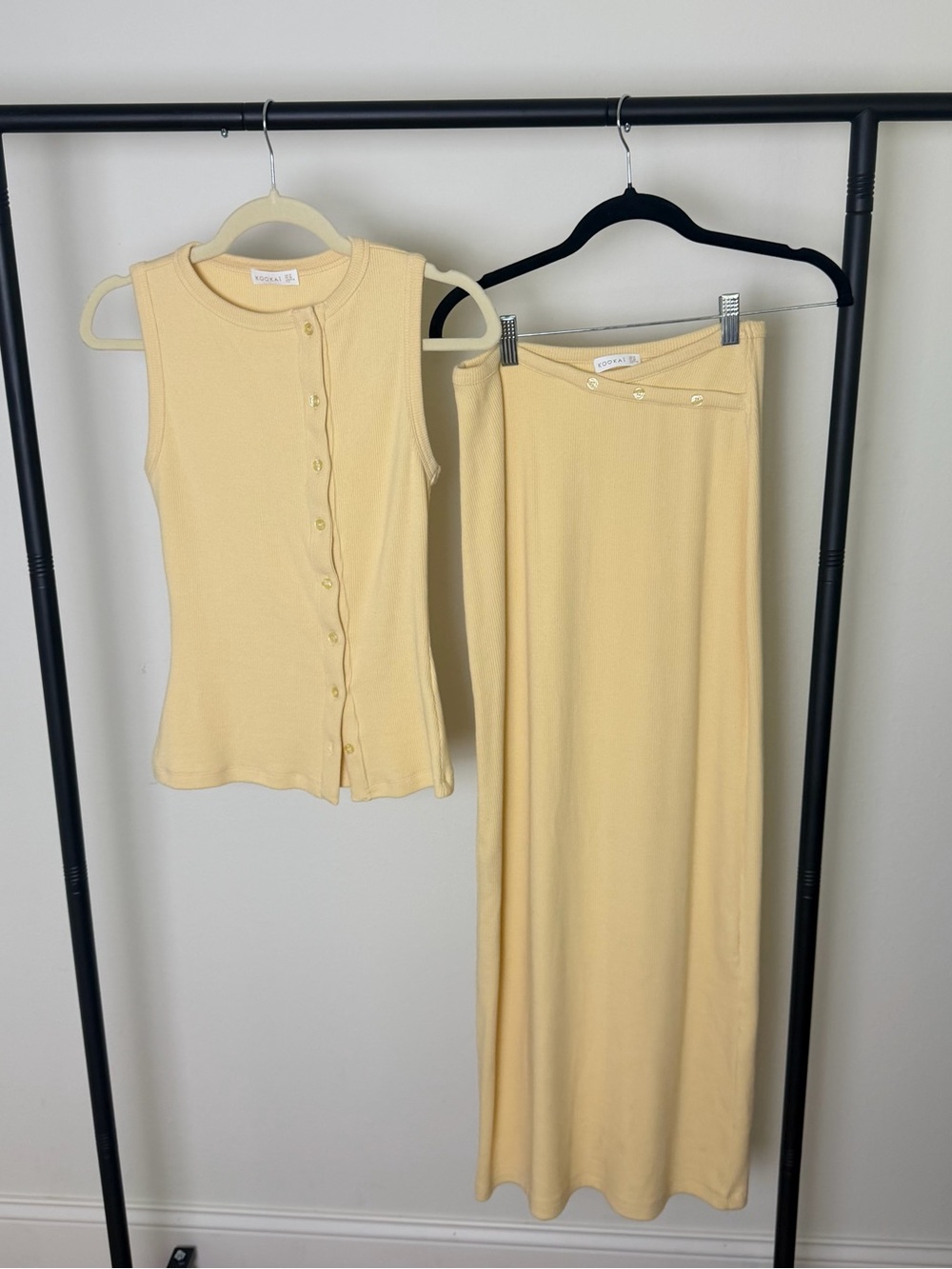 Kookai Pale Yellow Sleeveless Button Tank & Maxi Skirt Set